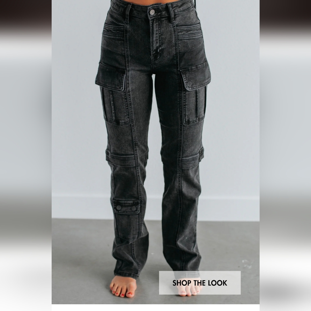 High-Rise Black Cargo Jeans for Women
